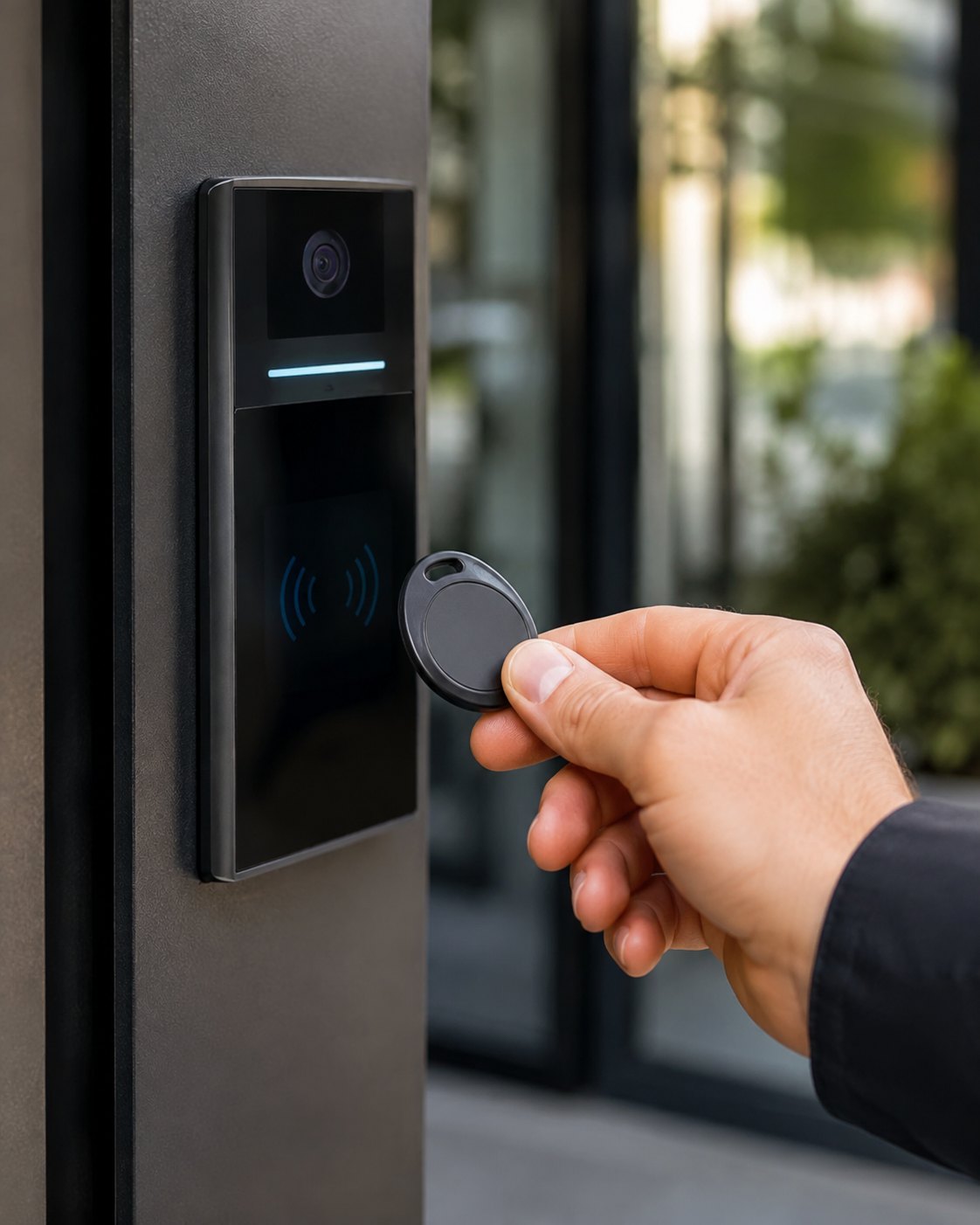 Badge d’accès présenté devant un lecteur d’immeuble