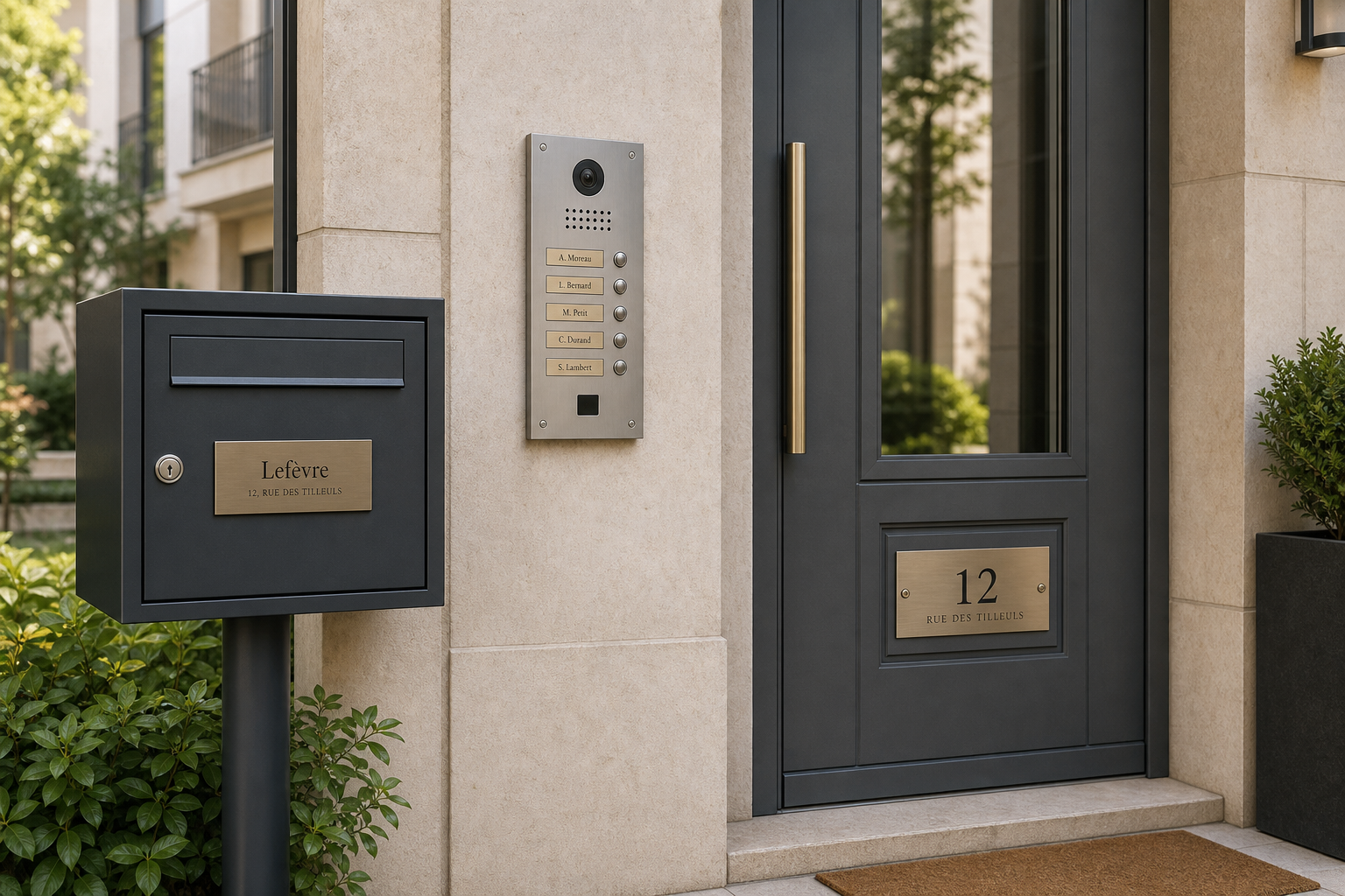 Boîte aux lettres, interphone et porte modernes équipés de plaques gravées